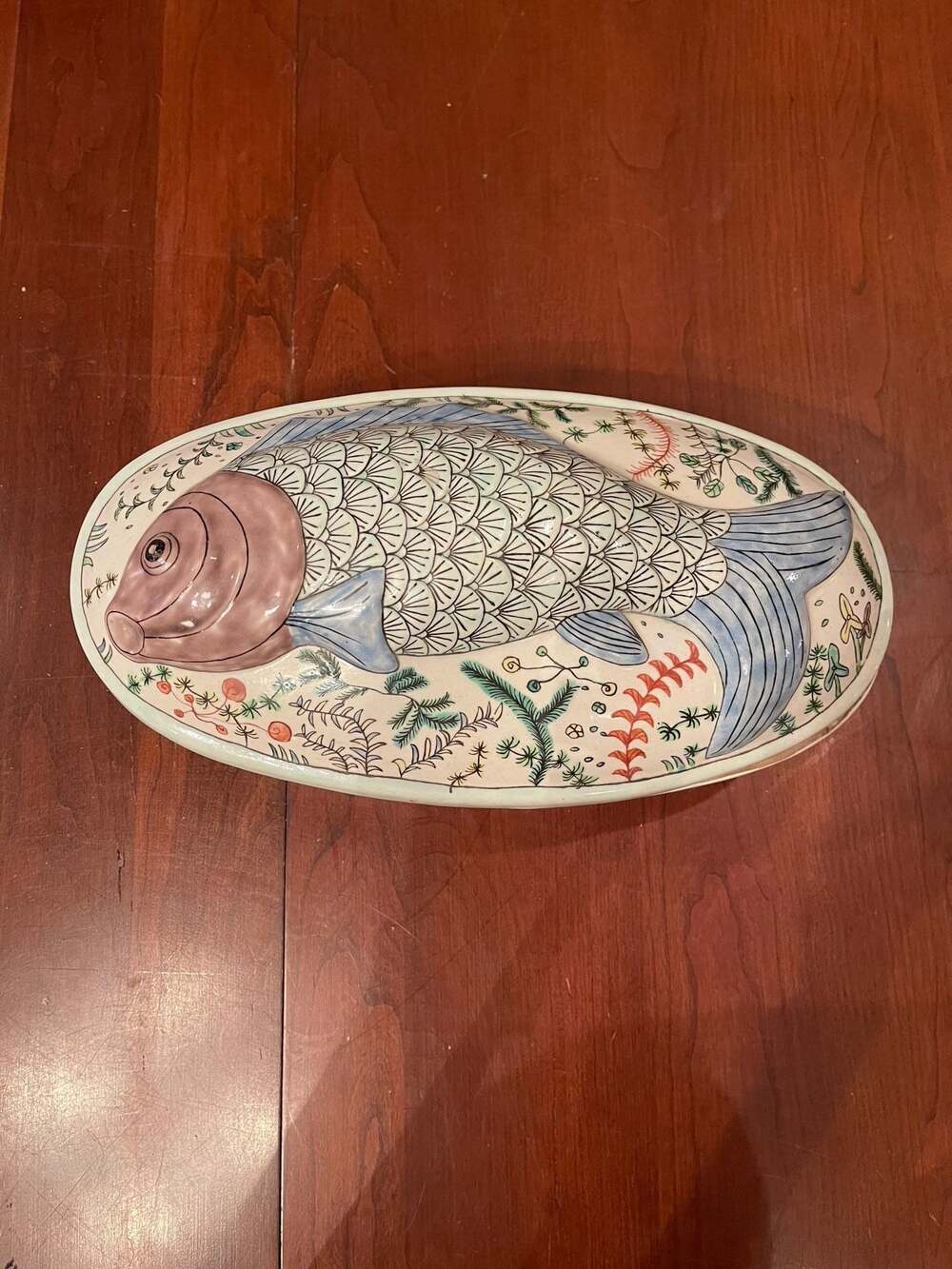 Vintage Chinese Famille Verte Style Ceramic Fish Tureen w/ Lion Head Handles